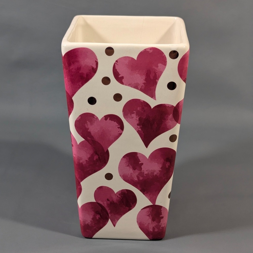 ProFlowers Pink Watercolor Heart Ceramic Vase Square Tapered Valentine Decor V11